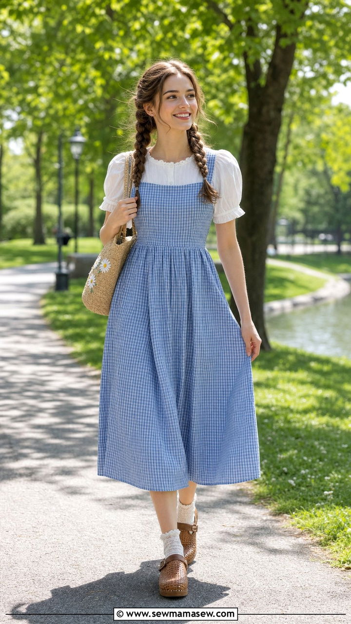 Gingham Pinafore Dress with Puff Sleeve Blouse - 25 cottagecore capsule wardrobe outfits