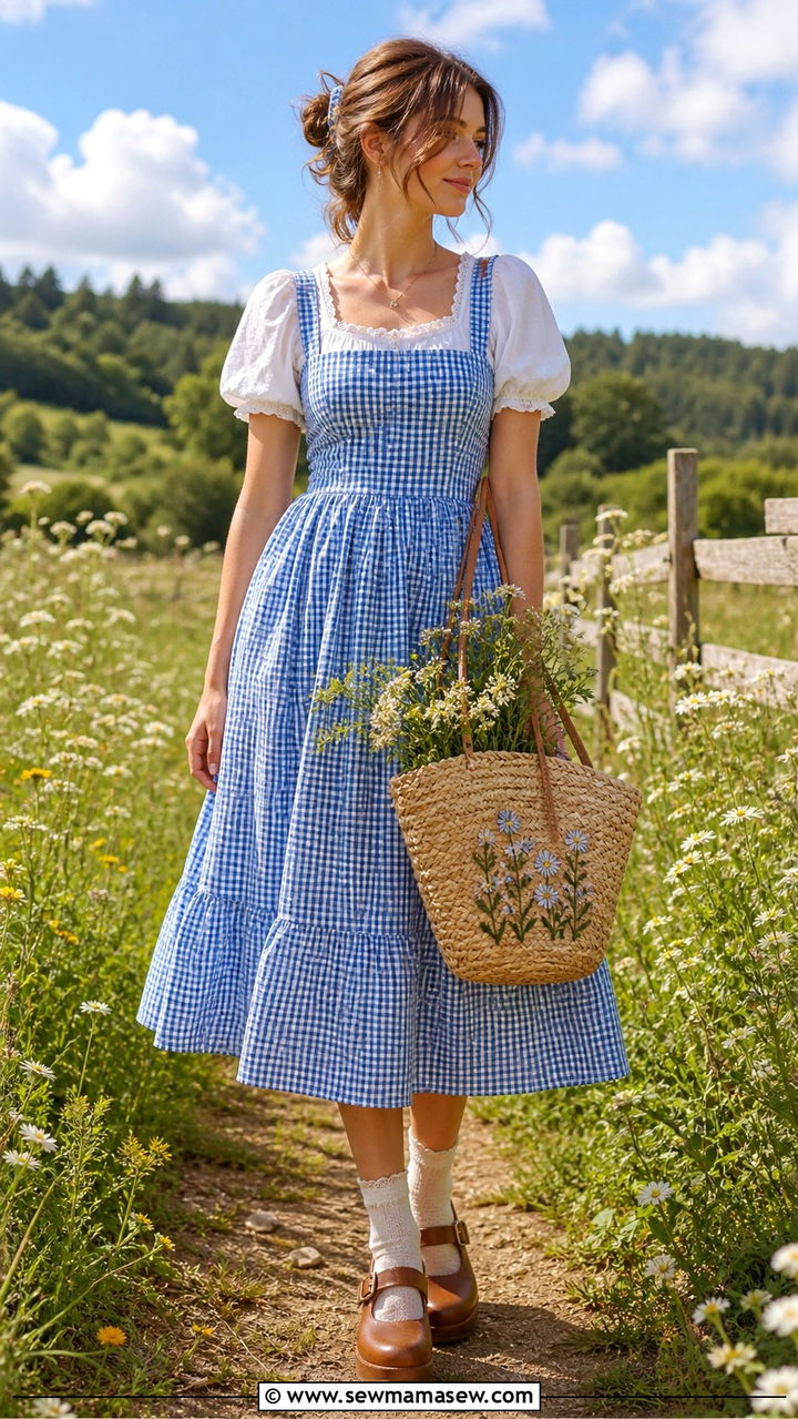 Gingham Pinafore and Puff Sleeve Blouse - 40 summer cottagecore outfits