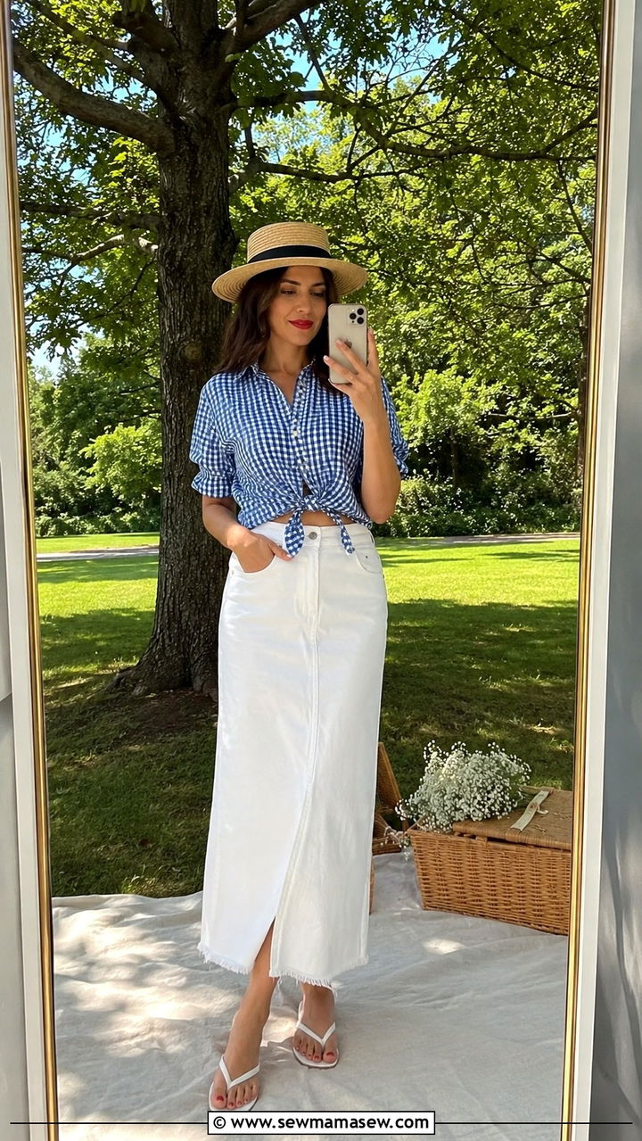 Gingham Print Button Up Shirt With White Denim Skirt - 25 Trendy summer outfit ideas 2026