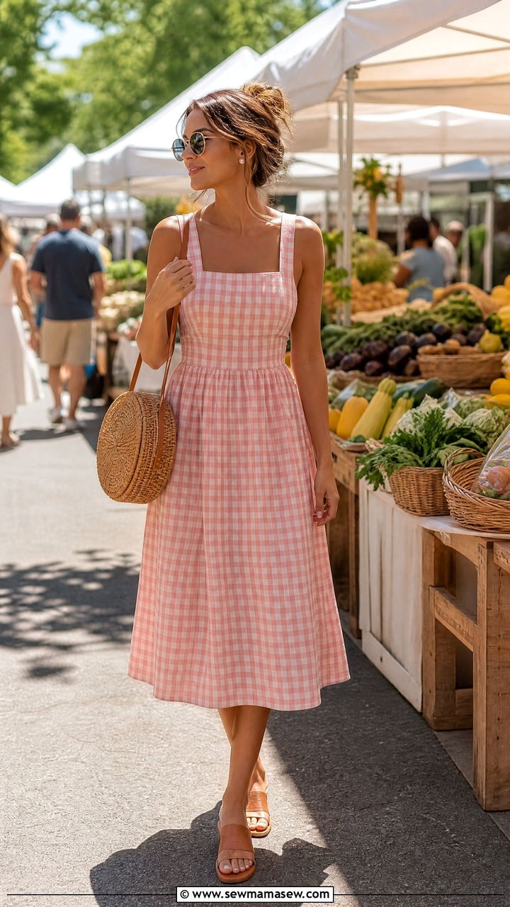 Gingham Print Sundress With Basket Bag Outfit - 30 summer resort outfit ideas