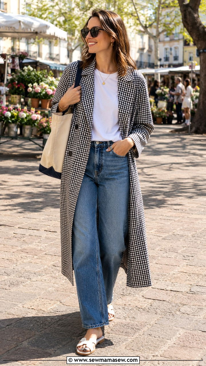 Gingham Print Trench Coat With Simple White Tee And Jeans - 25 trench coat outfits 2026
