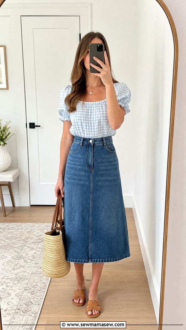 Gingham Puff Sleeve Blouse And Denim Skirt - 25 Summer cottagecore outfits 2026