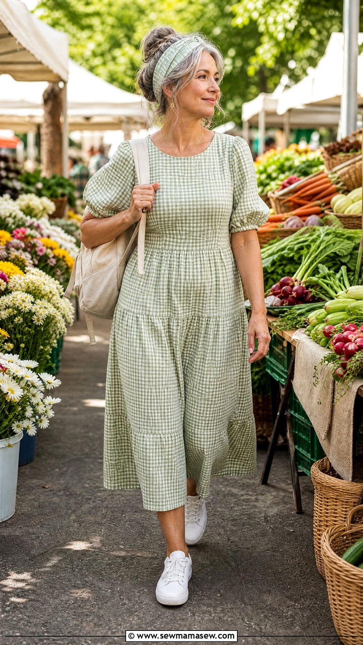Gingham Puff Sleeve Dress With White Sneakers - 30 cottagecore outfit ideas for women over 40