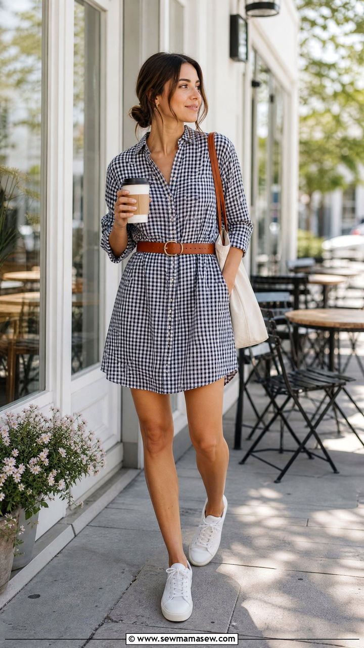 Gingham Shirt Dress With White Sneakers - 25 spring retro summer outfit ideas