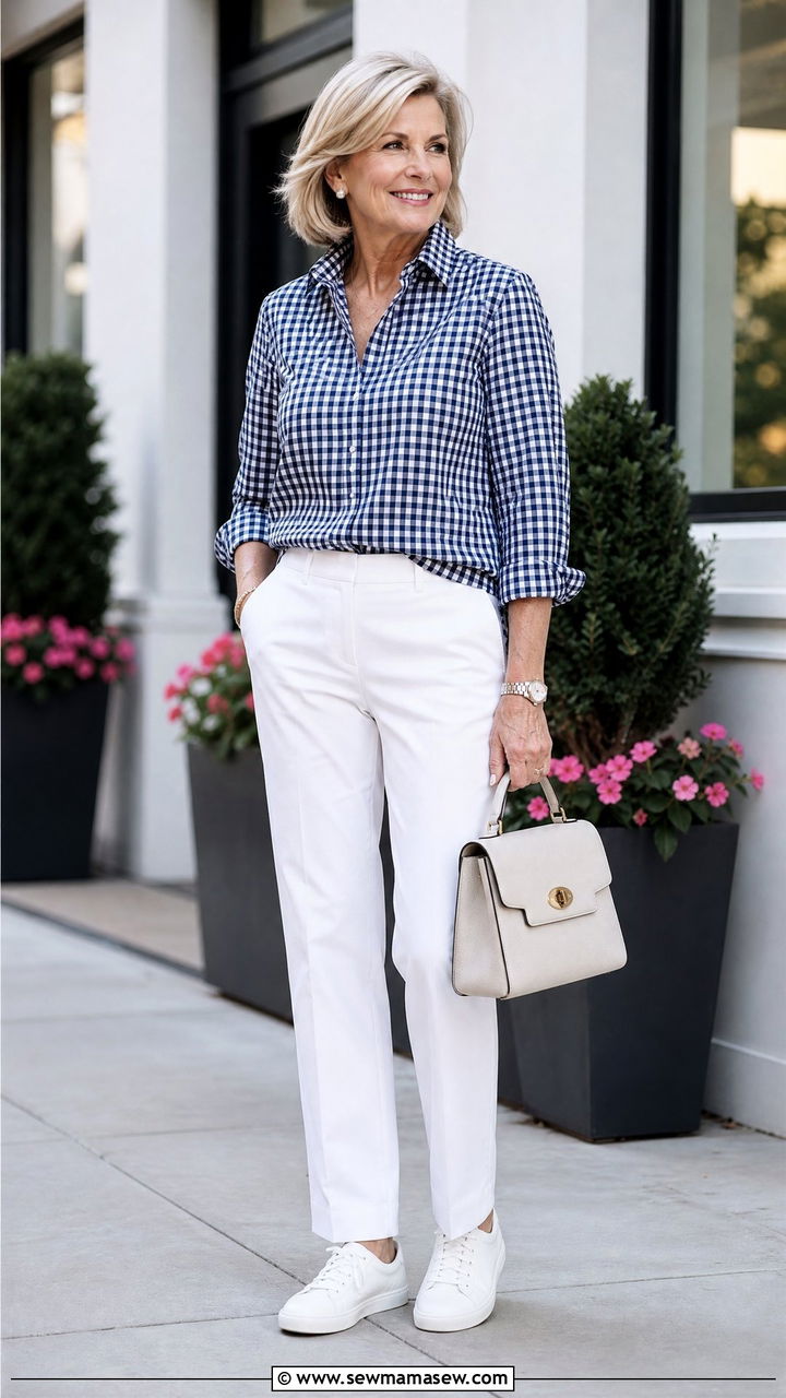 Gingham Shirt and White Pants - 20 50 year old woman outfit ideas