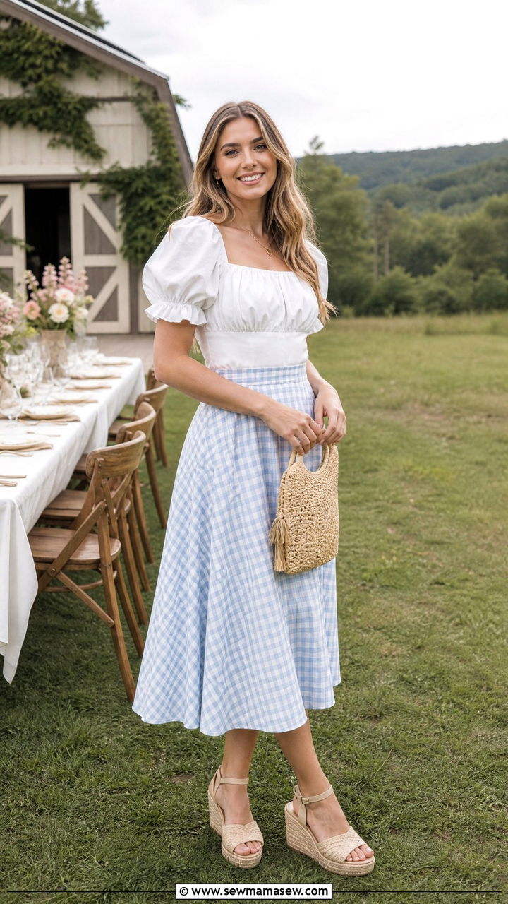 Gingham Skirt And Puff Sleeve Blouse - 30 cute bridal shower outfits