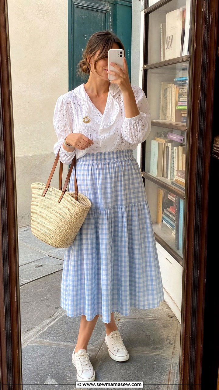 Gingham Skirt And White Eyelet Blouse - 30 Cottagecore summer outfits