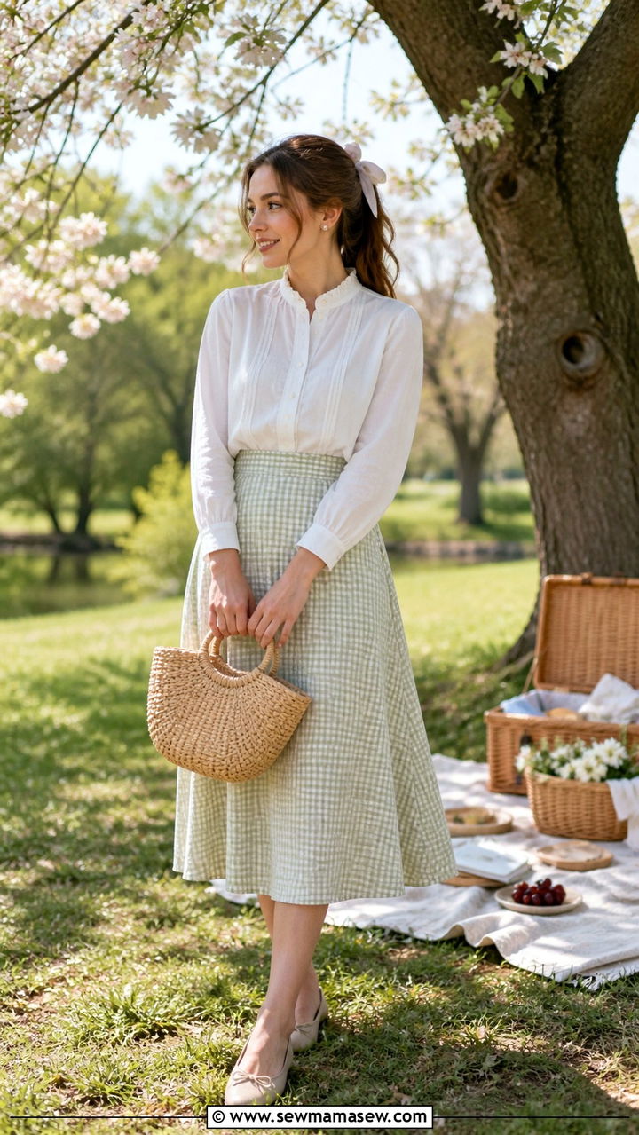 Gingham Skirt with a White Blouse Spring Picnic Outfit - 40 Spring picnic outfits