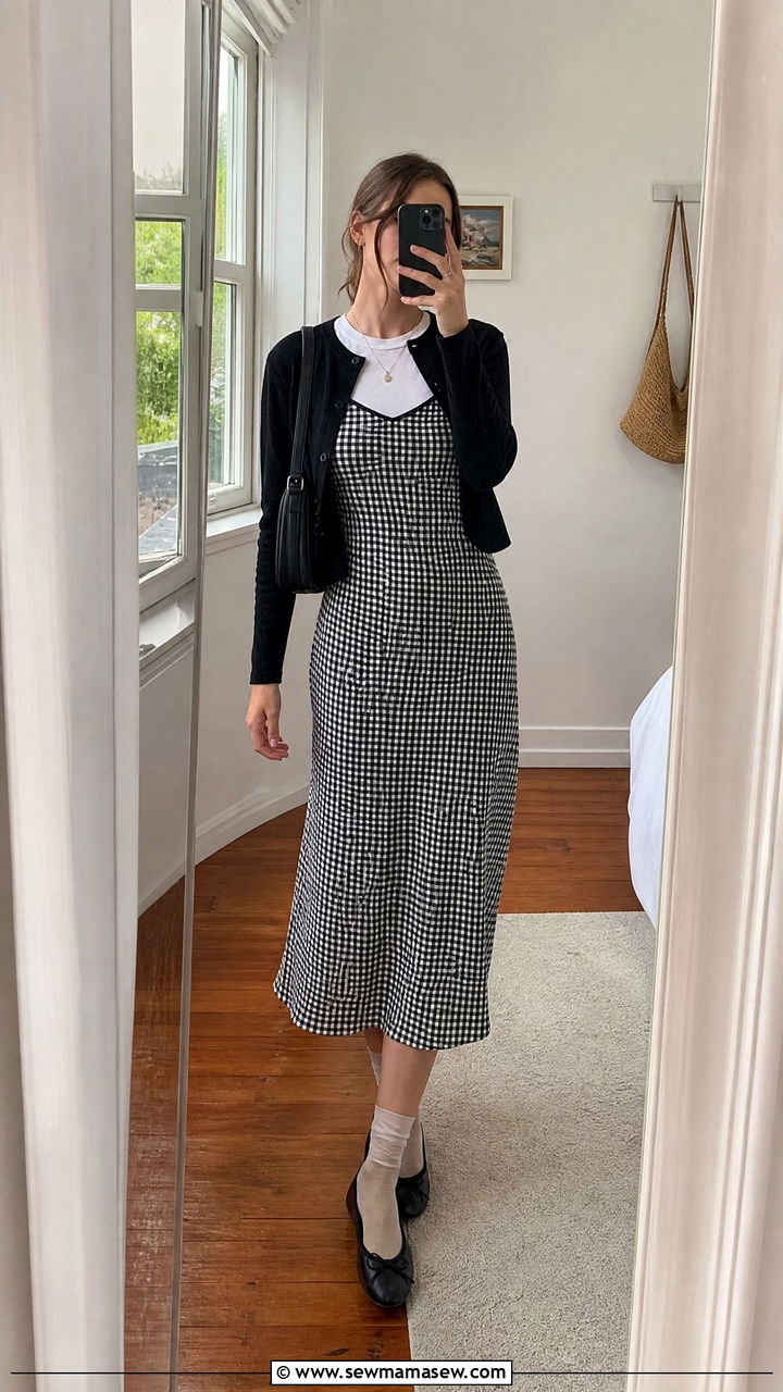 Gingham Slip Dress Layered Over A White Tee With Ballet Flats - 30 Gingham dress outfit ideas
