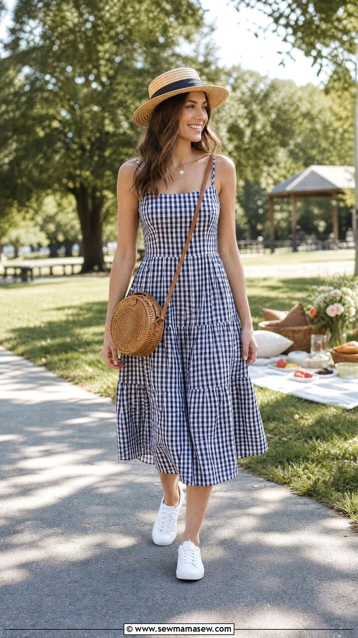 Gingham Sundress With Canvas Sneakers - 25 Brunch outfit ideas with a sundress