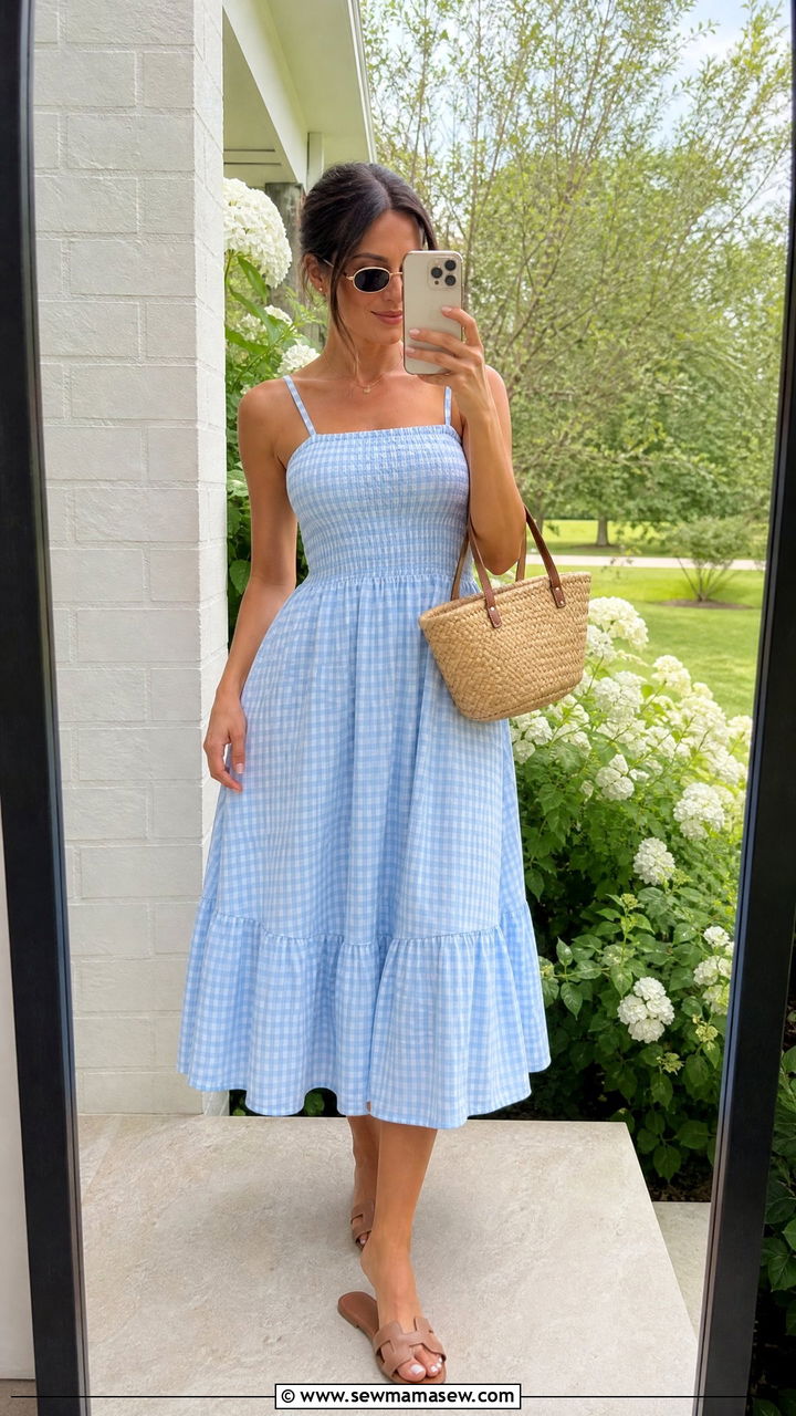 Gingham Sundress and Flat Sandals - 30 Summer plaid outfits