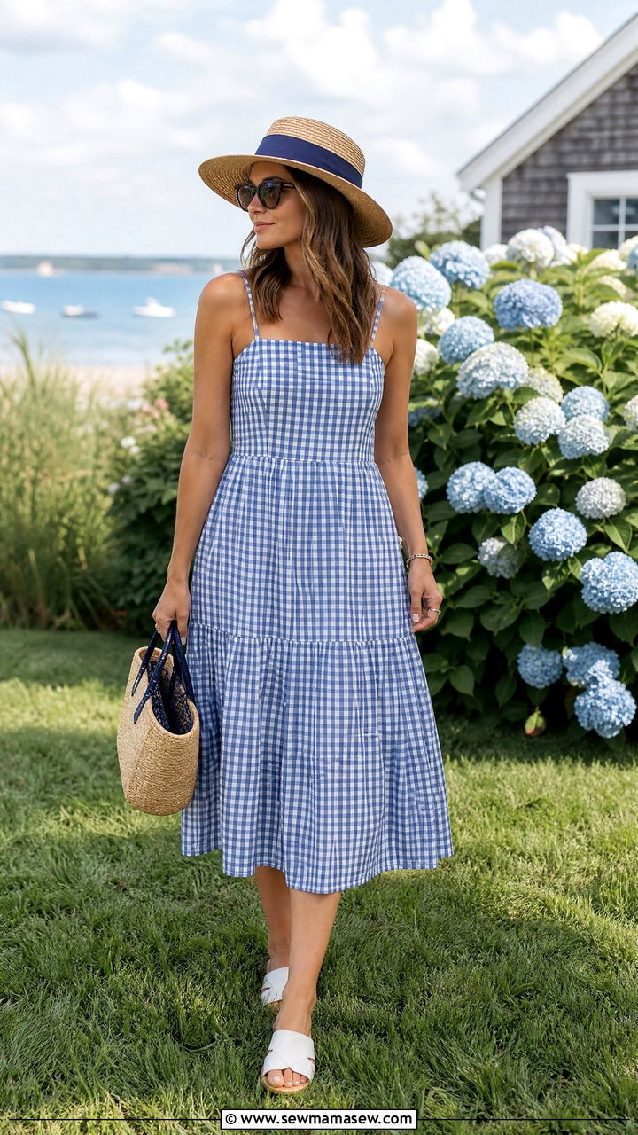 Gingham Sundress for Cape Cod Day - 25 Old money outfit ideas for Cape Cod
