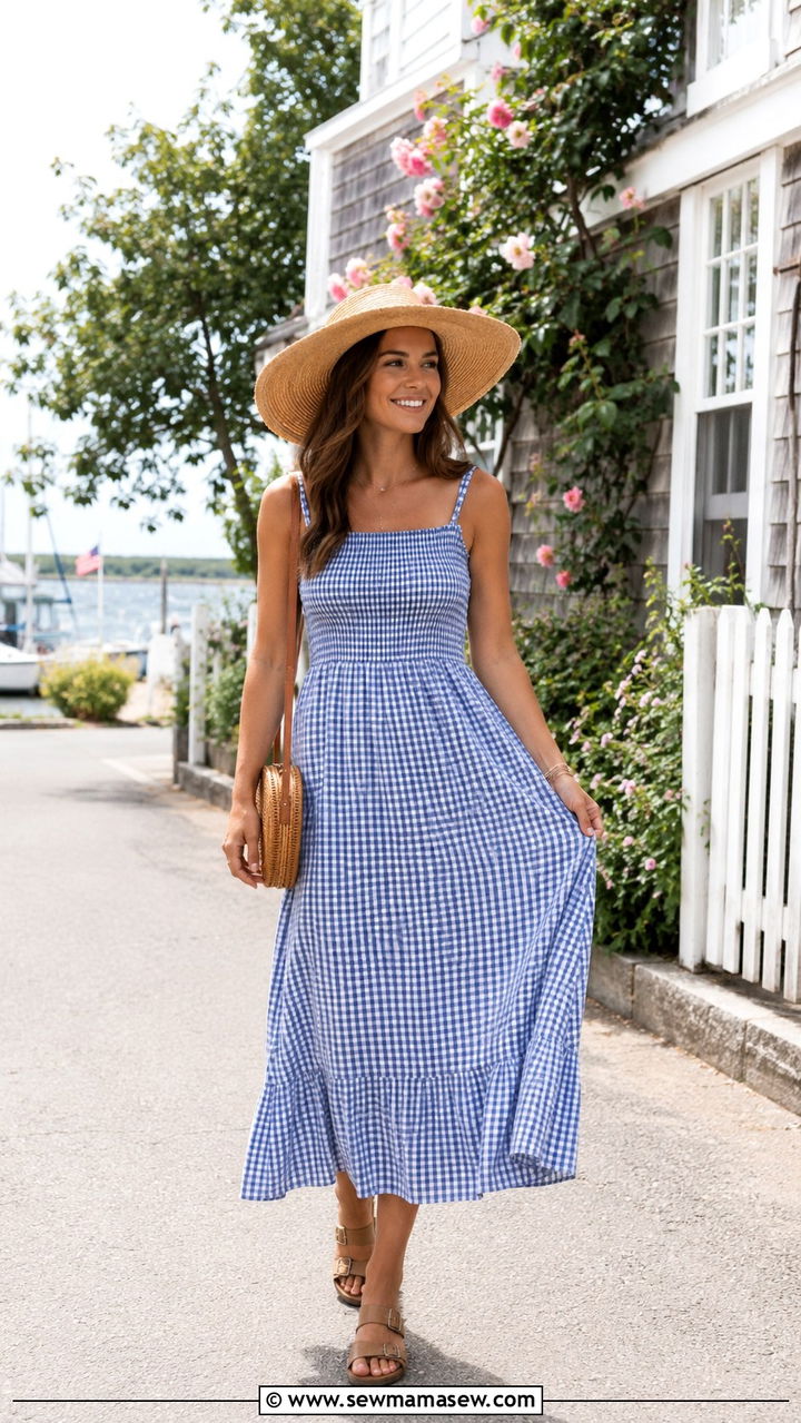 Gingham Sundress with Straw Hat Beach Look - 30 casual beach vacation outfits