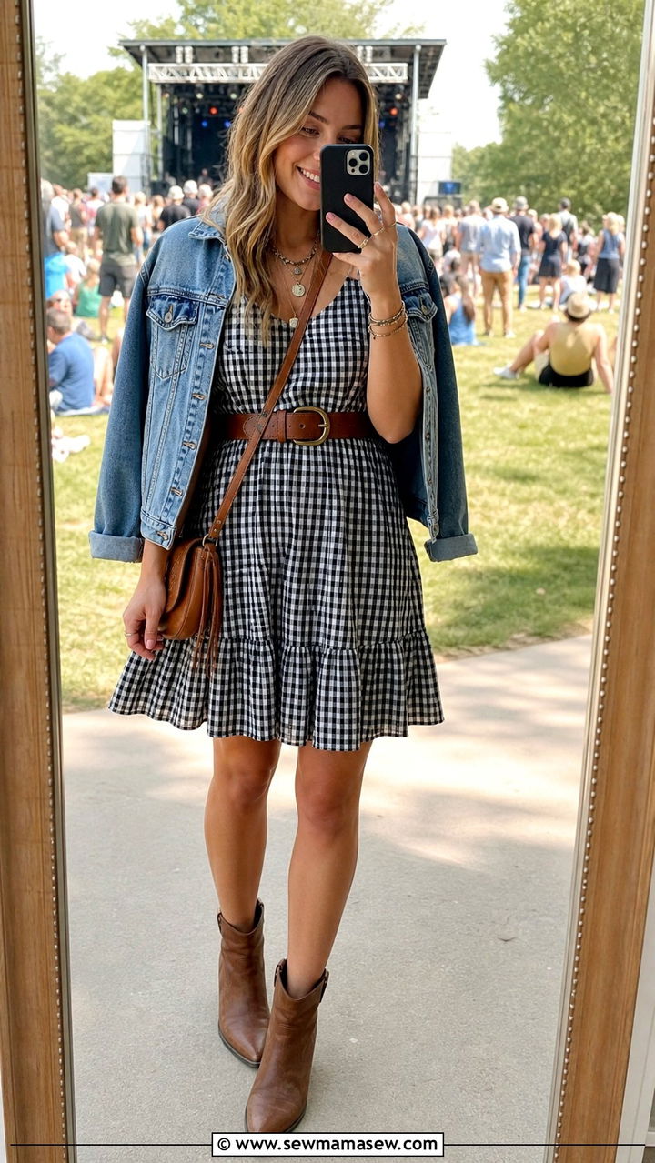 Gingham Swing Dress with Ankle Boots - 40 Summer concert outfits