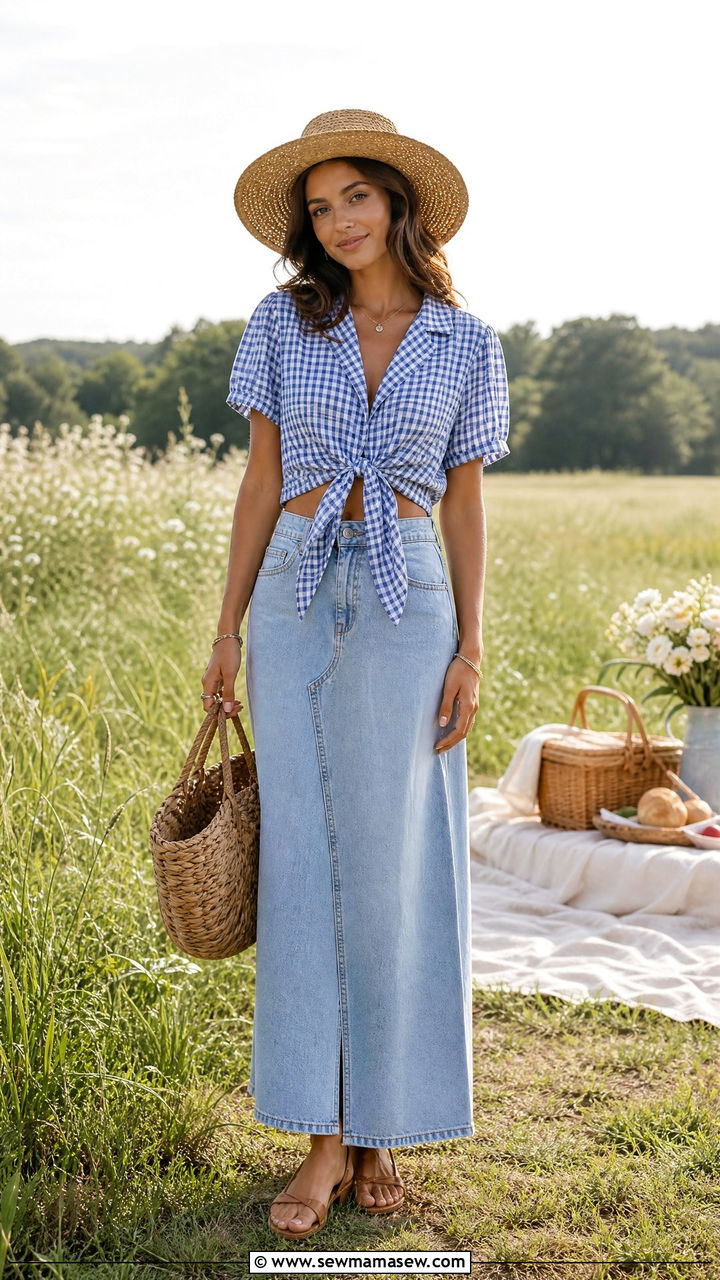 Gingham Top and Denim Maxi Skirt with a Straw Hat and Sandals - 30 summer denim skirt outfit ideas