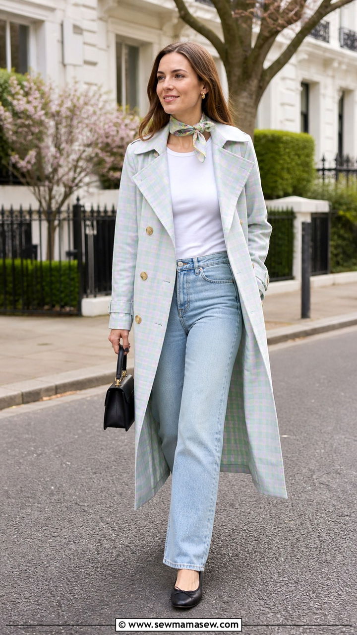 Gingham Trench Coat with Jeans and Ballet Flats - 40 First day of spring outfits