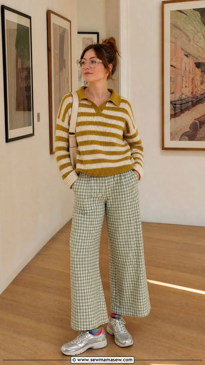 Gingham Trousers With a Retro Striped Knit and Silver Trainers - 20 Eclectic grandpa outfit ideas women