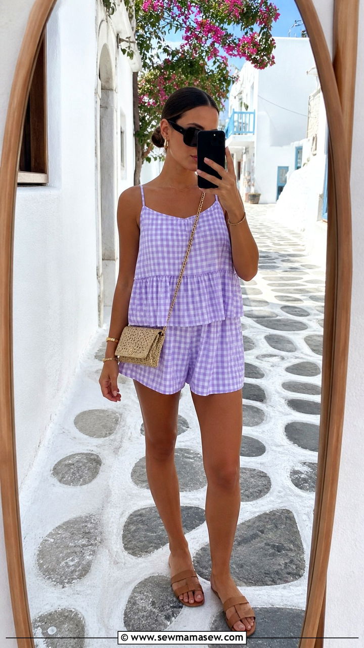 Gingham Two Piece Set With Flat Slide Sandals - 40 Summer Greece outfit ideas