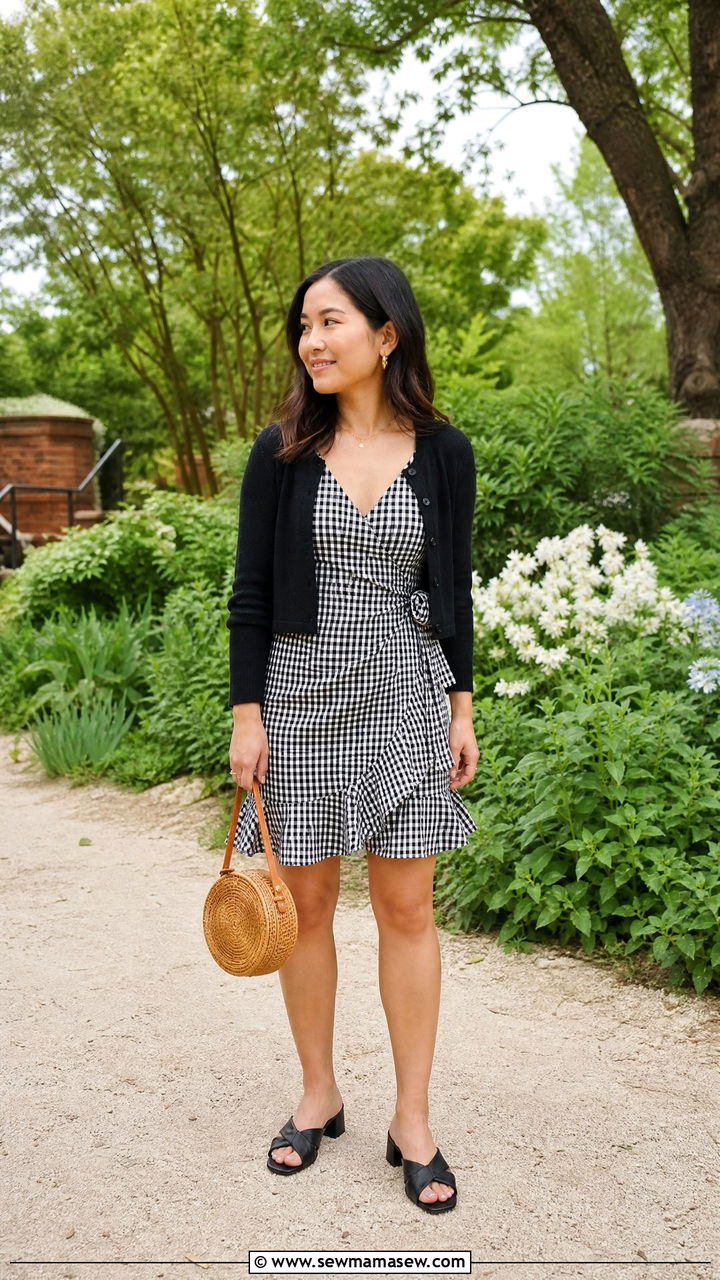 Gingham Wrap Dress With A Cropped Cardigan and Mules - 30 French girl outfit ideas petite