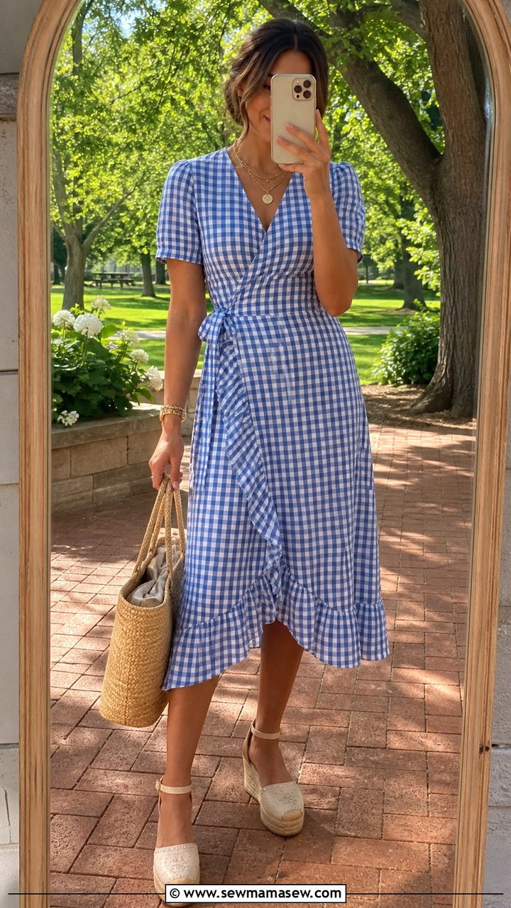 Gingham Wrap Dress With Espadrille Wedges - 40 Mother's Day outfit ideas