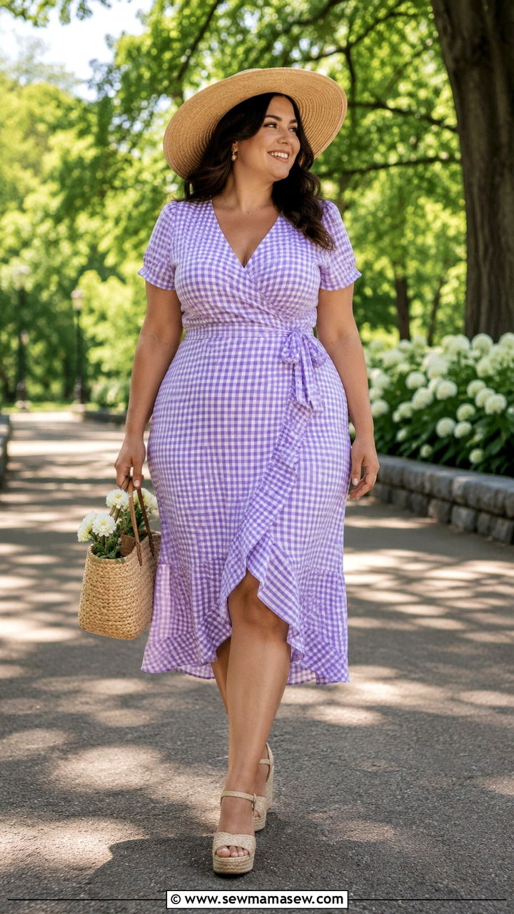 Gingham Wrap Dress With Straw Wedge Sandals - 20 Cottagecore outfits for pear shape