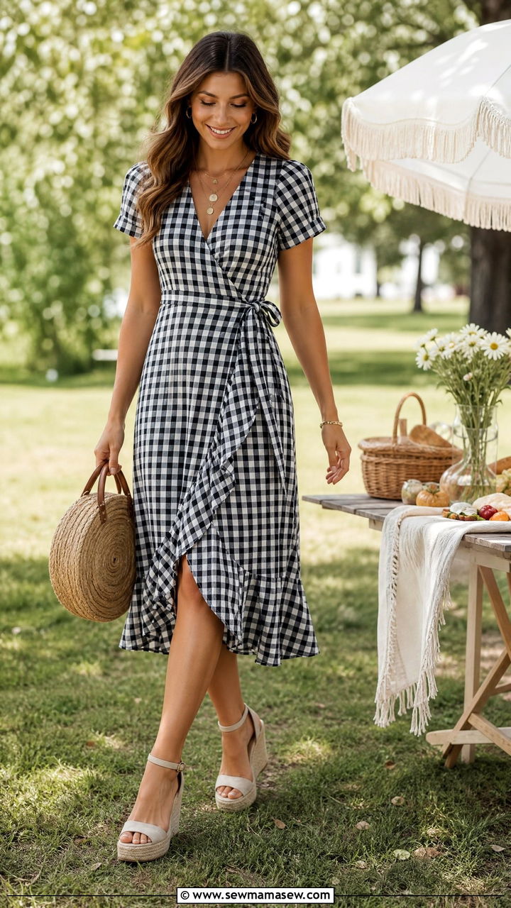Gingham Wrap Dress and Wedge Sandals Outfit - 30 brunch outfits ideas