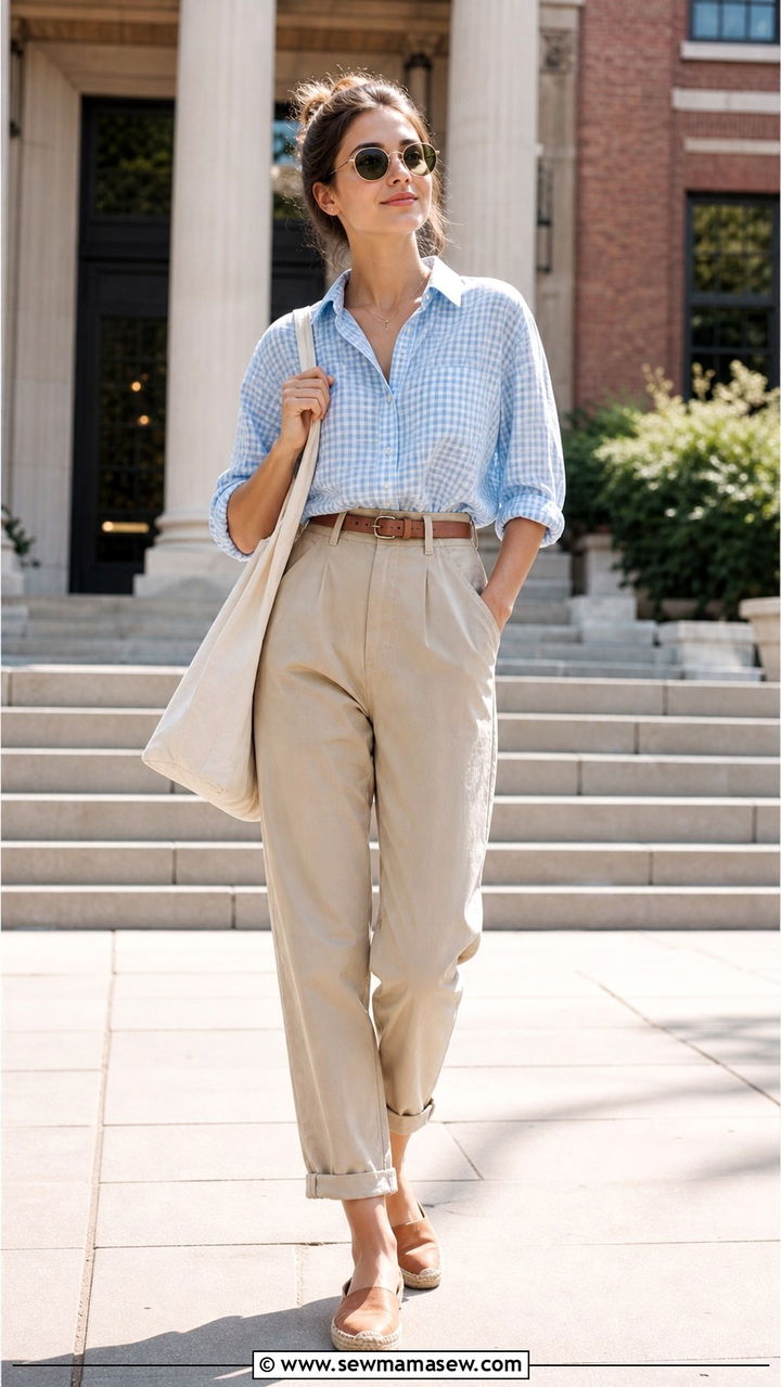 Gingham blouse with khaki trousers and espadrilles outfit - 40 light academia outfits