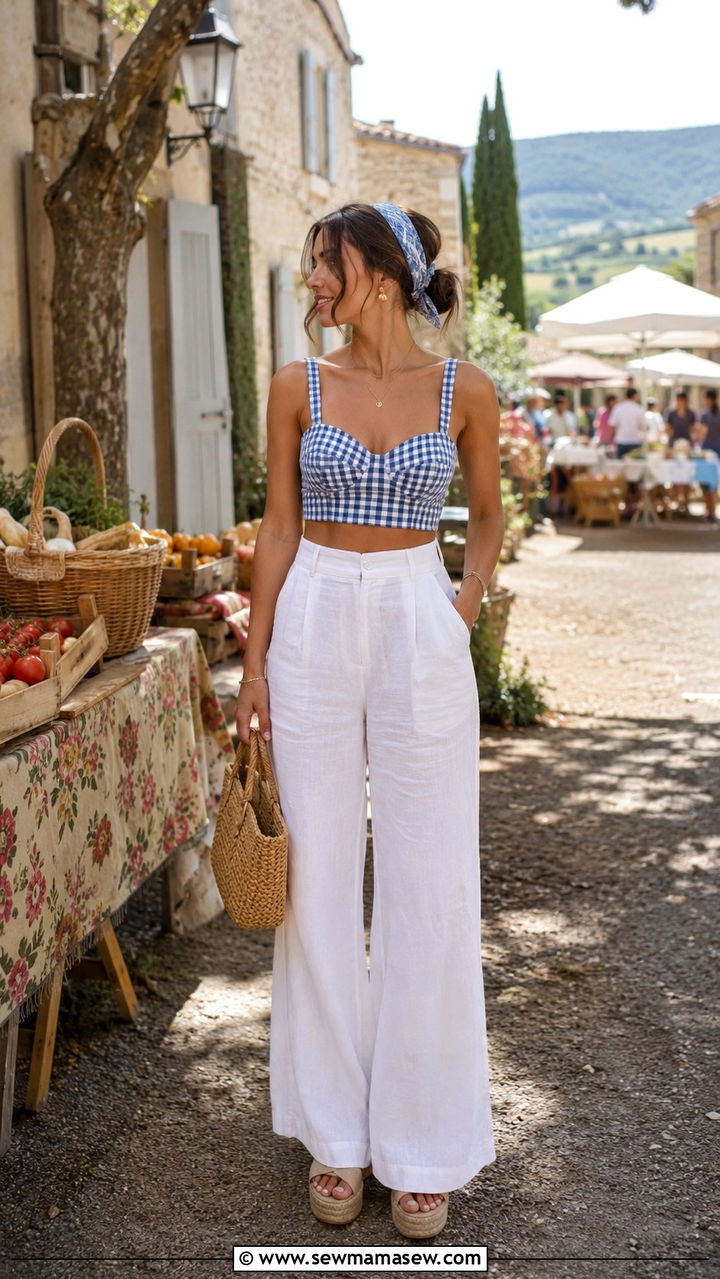 Gingham crop top with high waist linen trousers - 25 Petite outfit ideas for Europe