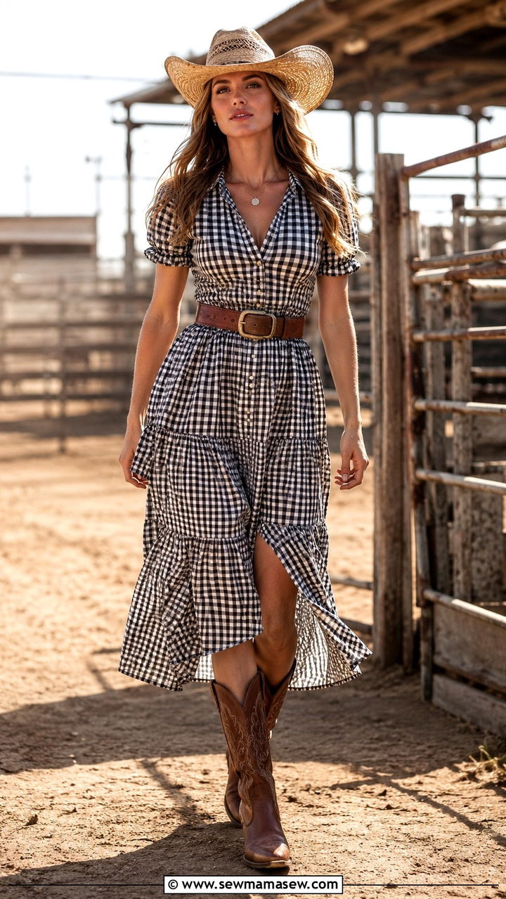 Gingham dress rodeo outfit with western boots - 30 Rodeo outfit ideas