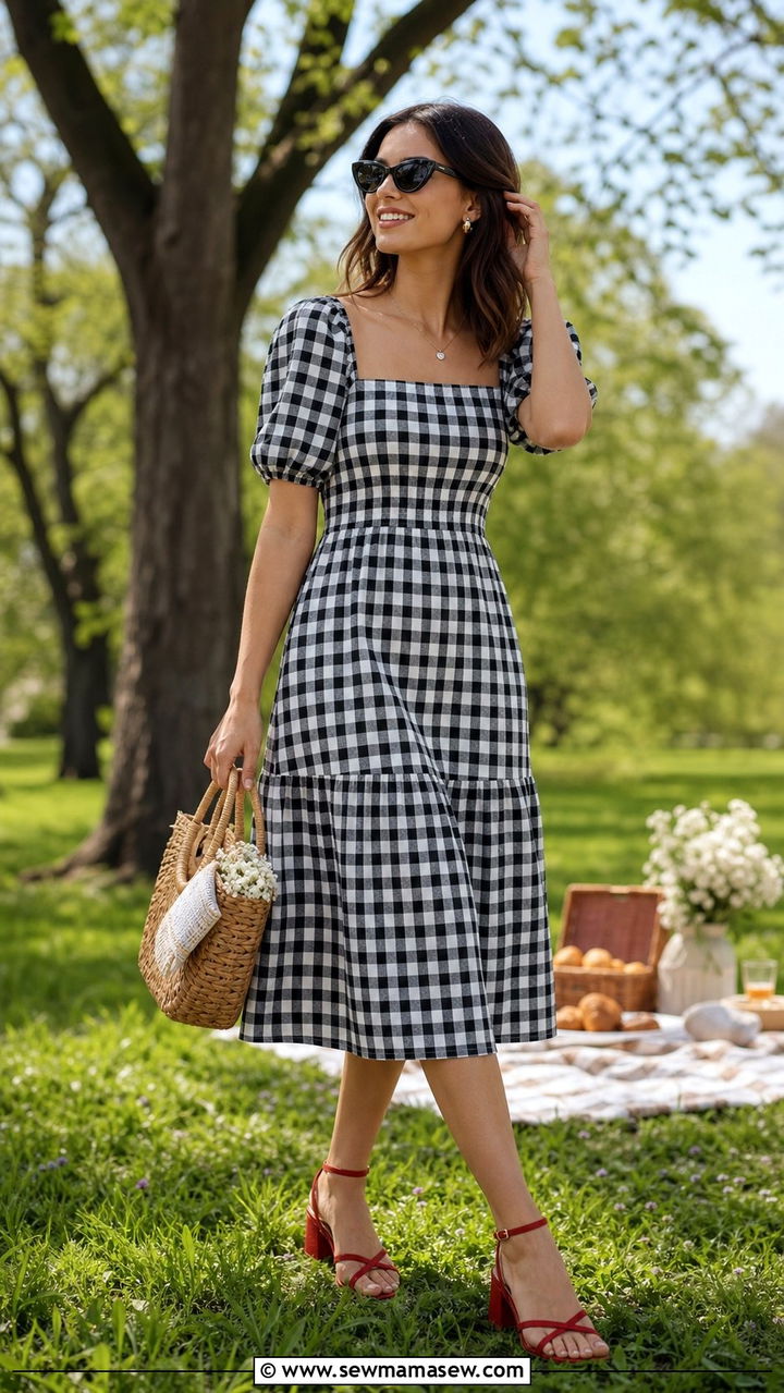 Gingham dress with block heel sandals - 25 spring outfits with block heels