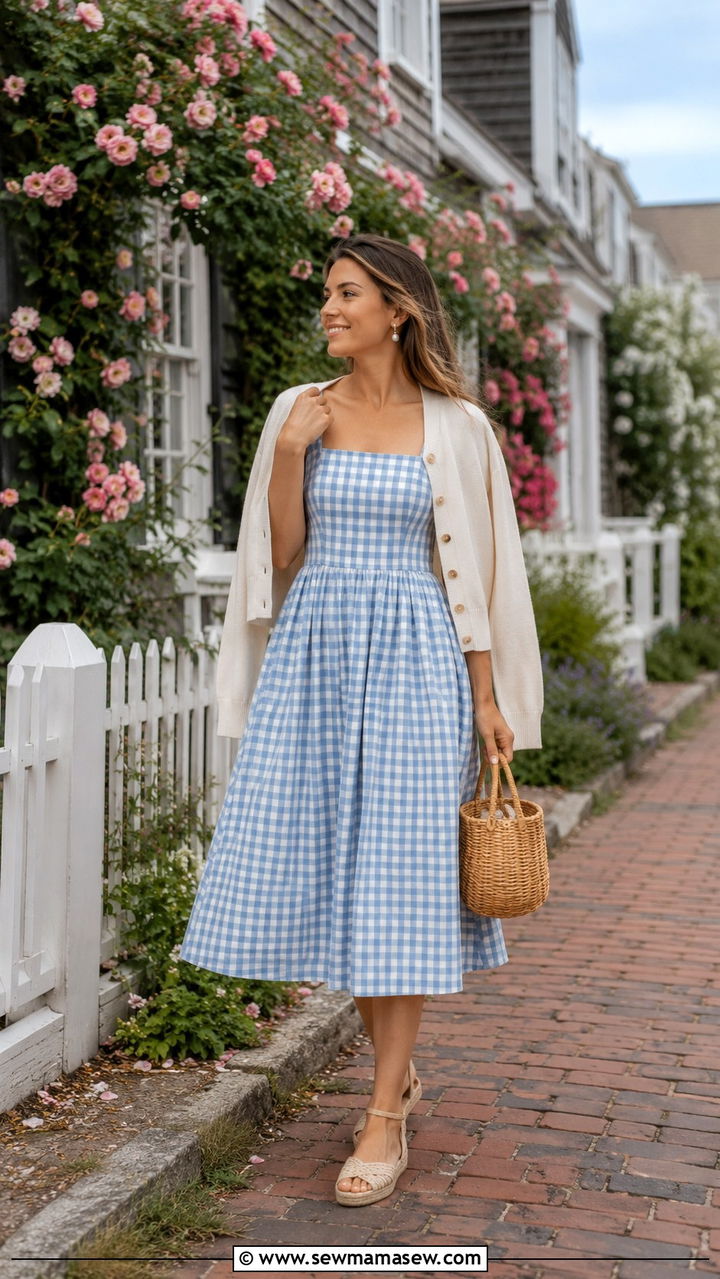 Gingham dress with cardigan over shoulders outfit - 30 Nantucket outfit ideas