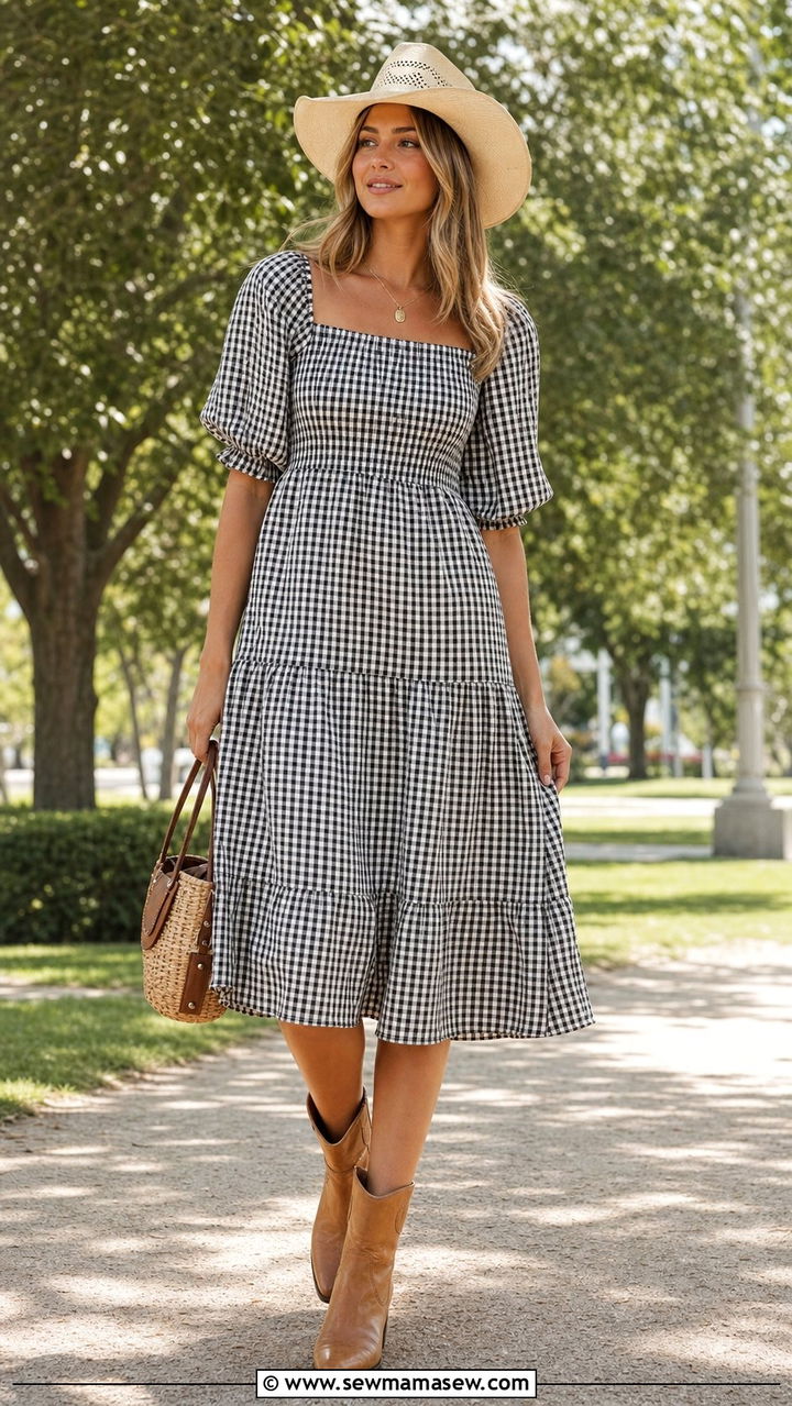 Gingham dress with straw cowboy hat - 25 classy western outfit ideas