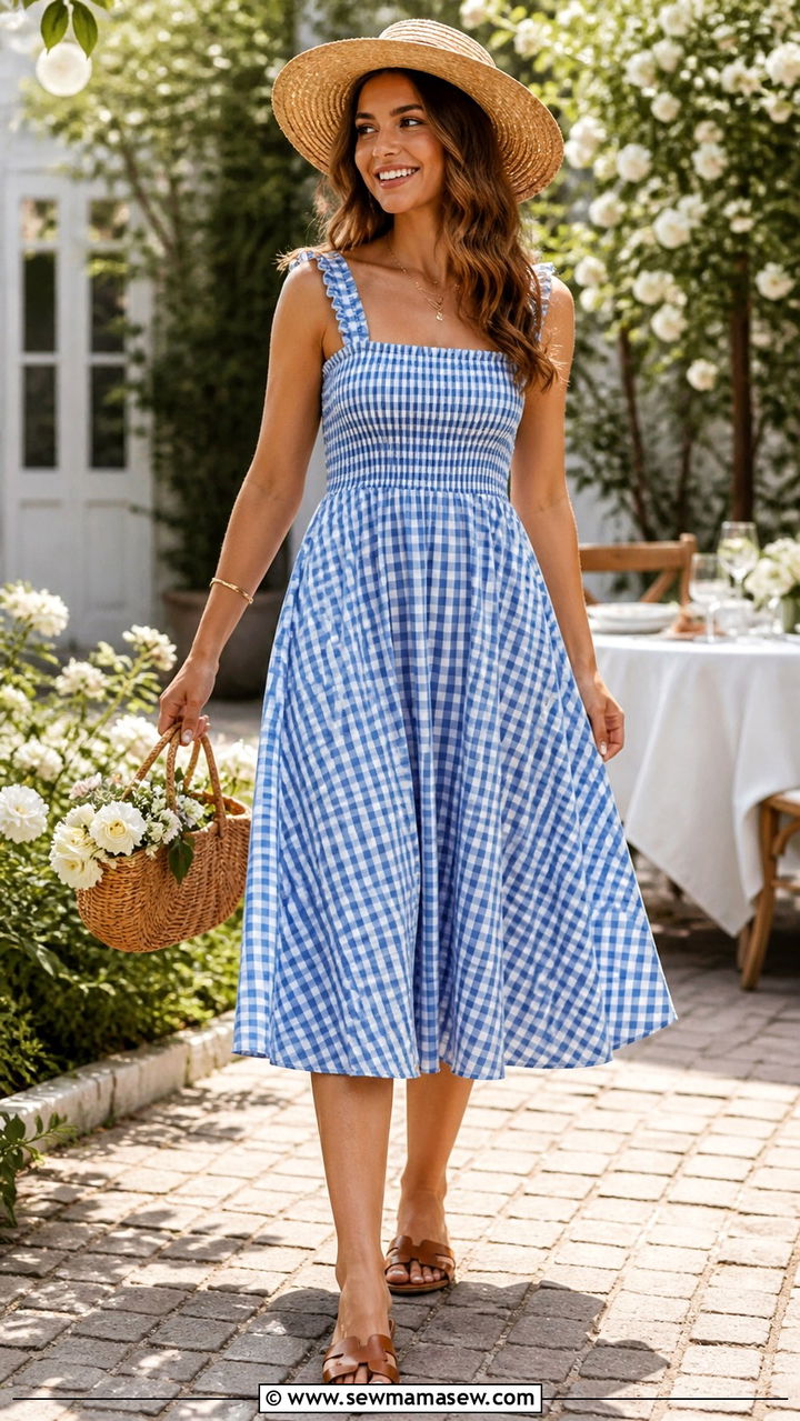 Gingham dress with straw hat and flat sandals - 40 Chic brunch outfits