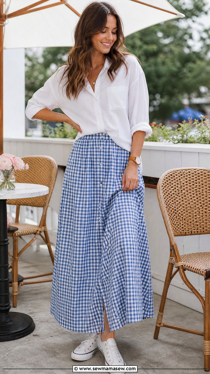 Gingham maxi skirt with button down shirt - 30 Summer outfits with maxi skirts