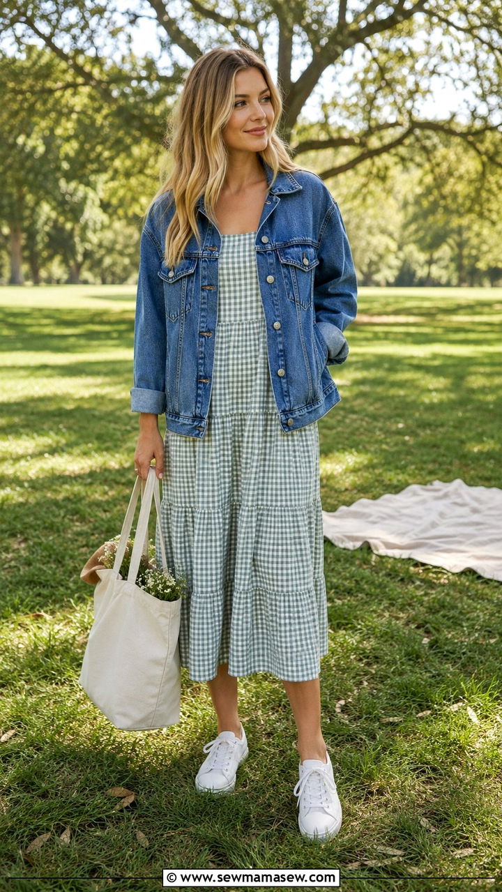 Gingham midi dress with a denim jacket and white canvas sneakers - 30 Midi dress outfit ideas with a denim jacket