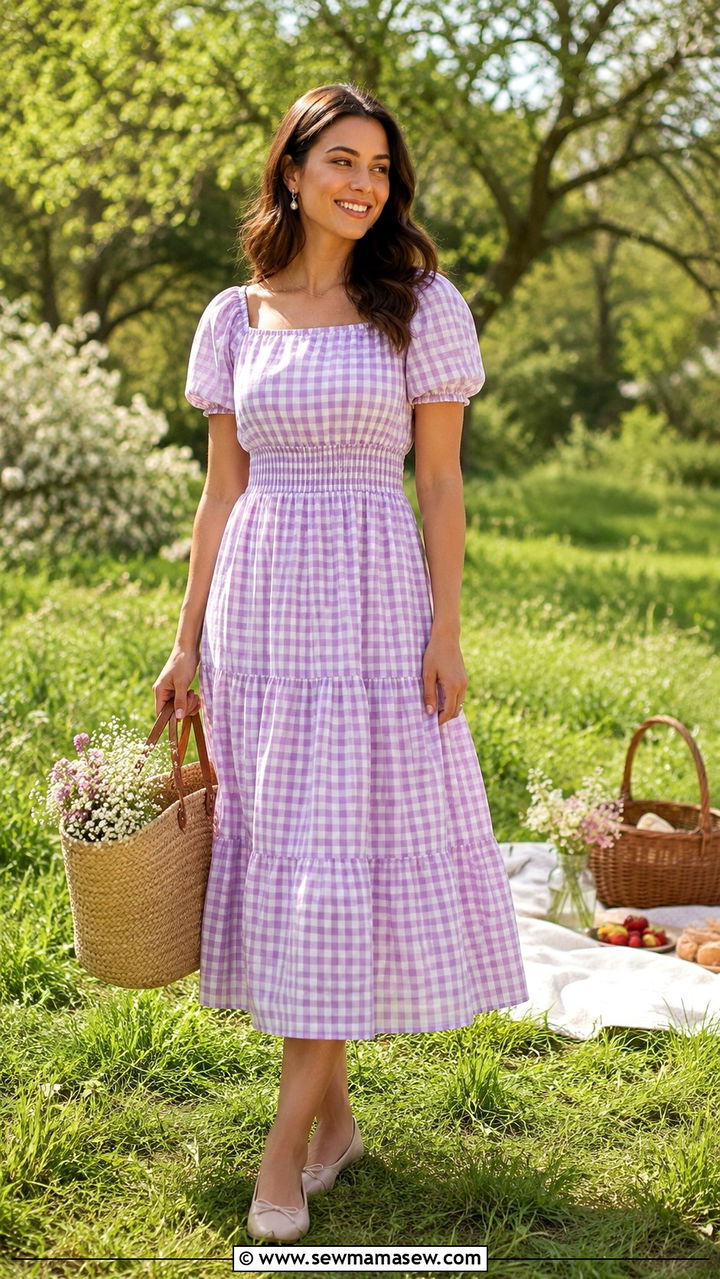 Gingham midi dress with ballet flats - 30 Spring plaid outfits