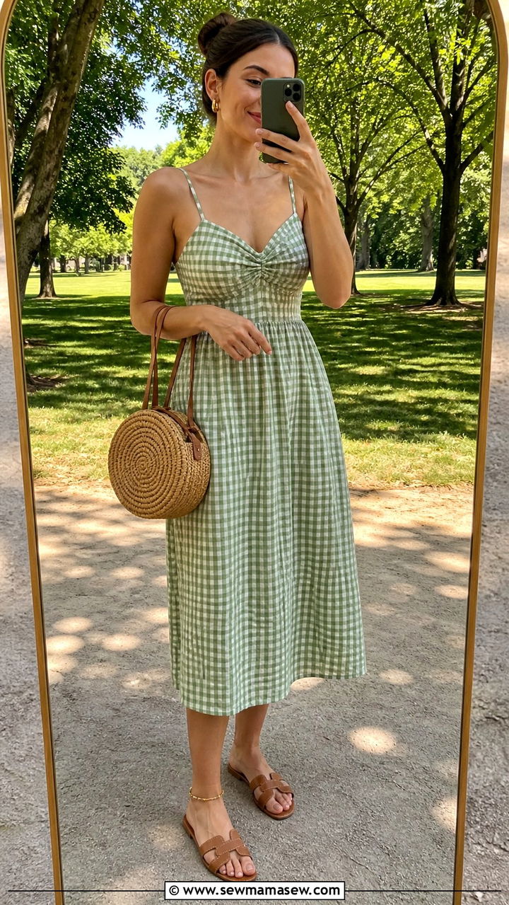 Gingham midi dress with basket bag - 40 Summer outfits with dresses