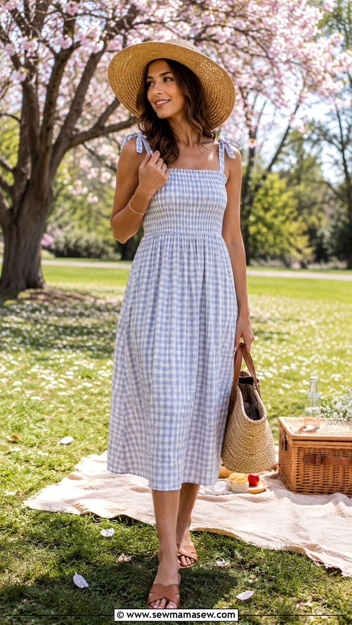 Gingham midi dress with straw hat and flat sandals - 30 Spring outfits with midi dresses