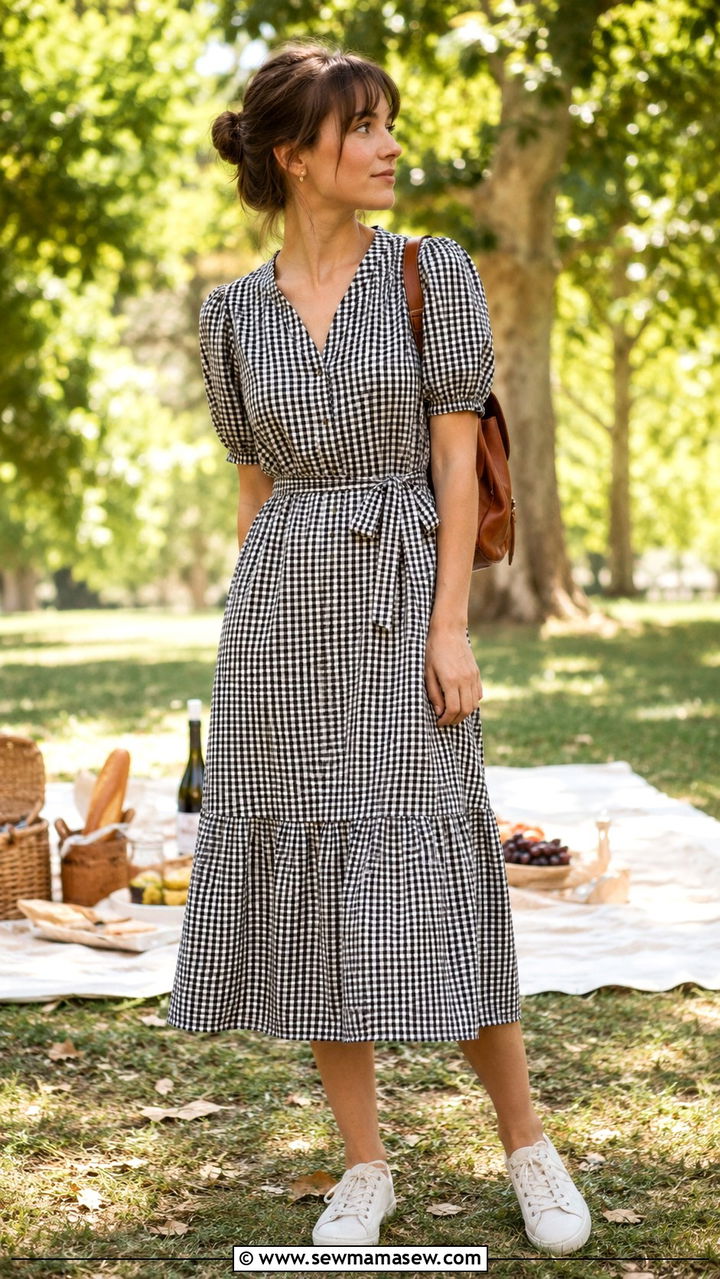 Gingham midi dress with white sneakers - 30 casual french girl outfits
