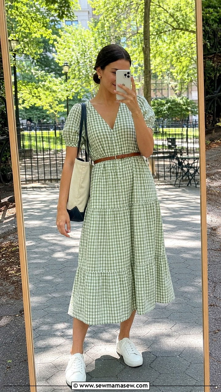 Gingham midi dress with white sneakers - 30 Playful summer outfit ideas