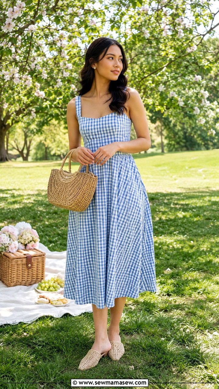 Gingham midi dress with woven mules - 30 Spring cottage outfits