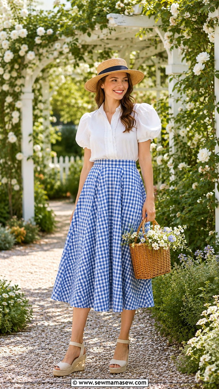 Gingham midi skirt and white puff sleeve blouse - 30 How to style a midi skirt in spring