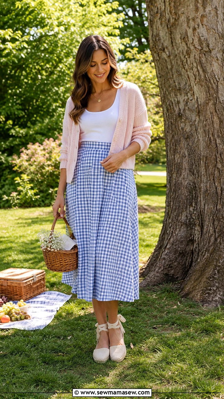 Gingham midi skirt with knit cardigan - 30 spring cottagecore outfit ideas