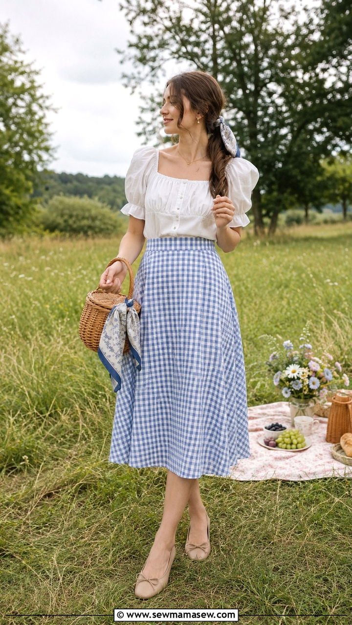 Gingham midi skirt with puff sleeve top and ballet style loafers - 30 Loafers outfit ideas with a skirt