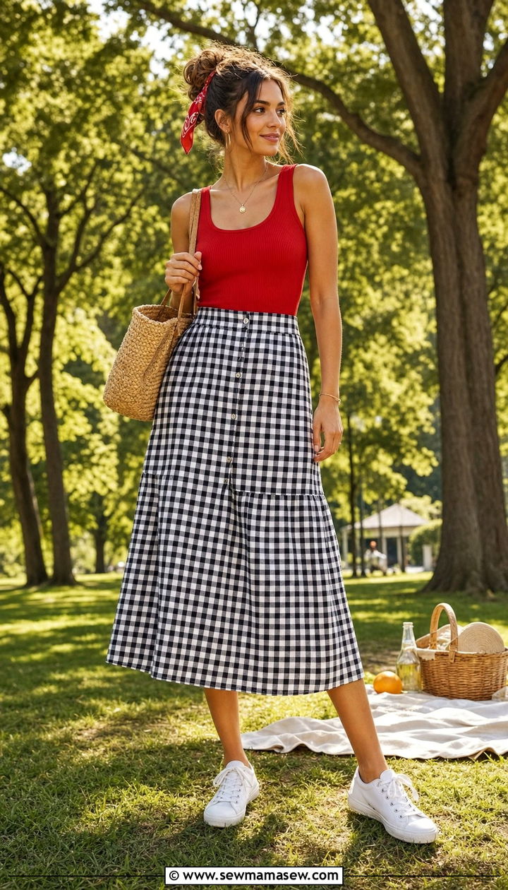 Gingham midi skirt with red ribbed tank - 25 summer midi skirt outfit ideas