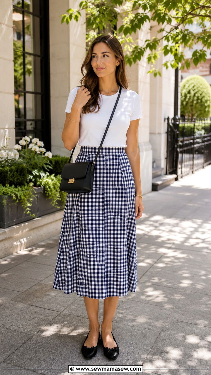 Gingham midi skirt with white tee and ballet flats - 30 Internship outfit ideas for women