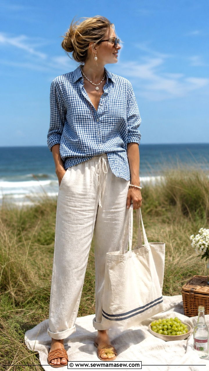 Gingham or Soft Plaid Shirt with Relaxed Linen Pants Outfit - 40 coastal grandmother outfits