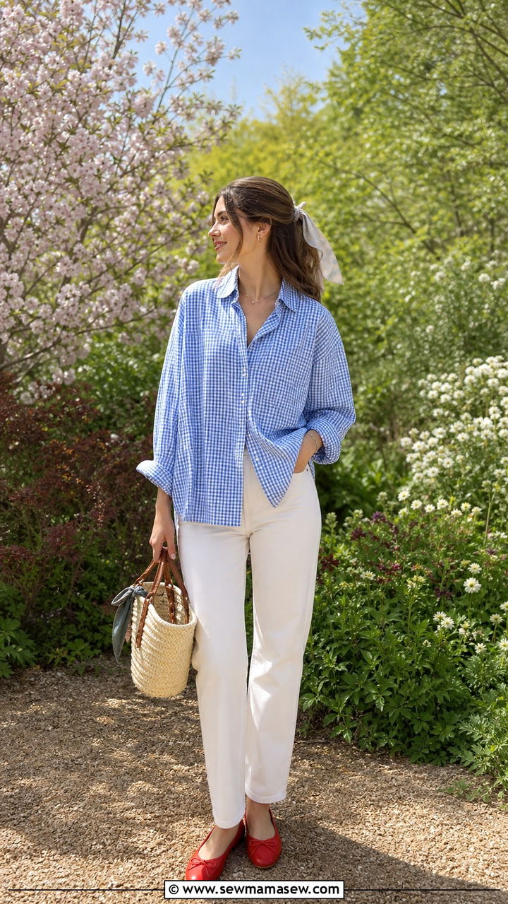Gingham oversized button down with white straight leg jeans and red ballet flats - 40 Oversized button down outfit ideas