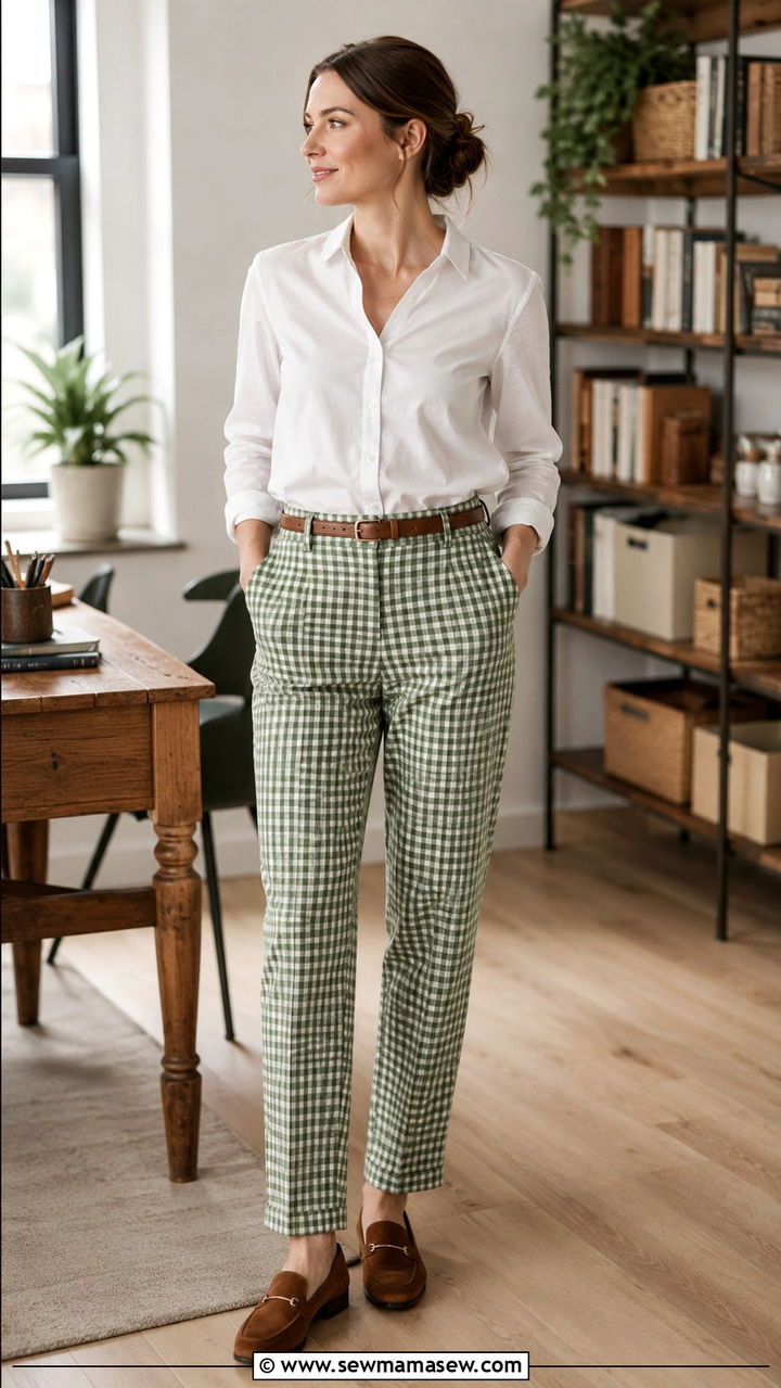 Gingham pants and white button down outfit - 30 librarian core outfits for women