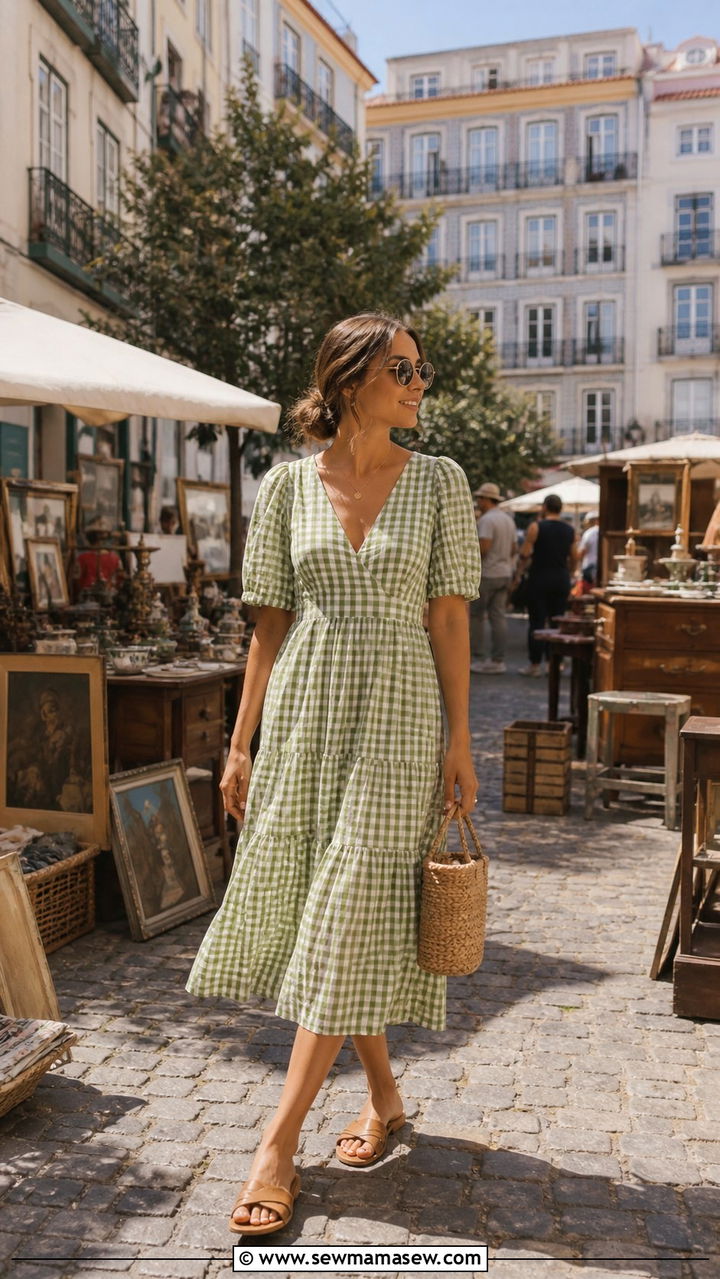 Gingham print dress and basket bag Lisbon outfit - 40 Lisbon outfit ideas